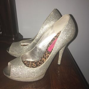 Silver peep toe heels